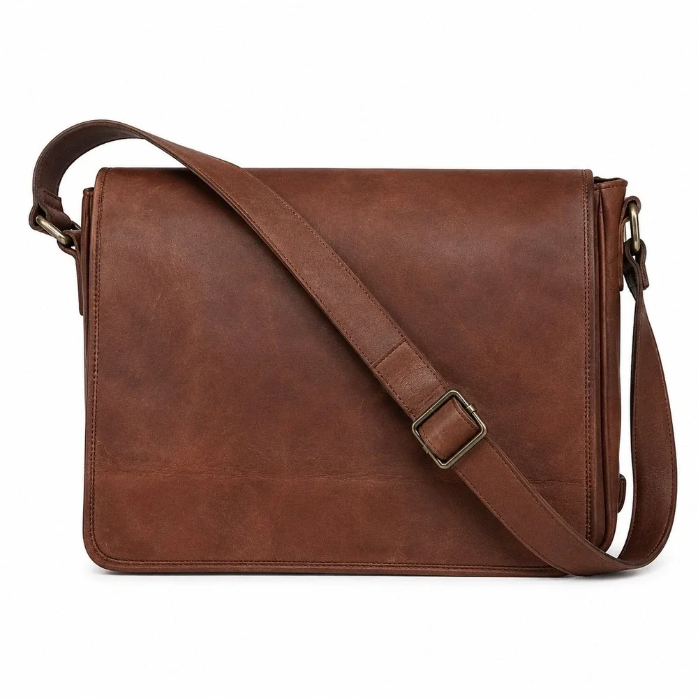 Cognac Brown Leather Portfolio/Laptop Bag Hand Made High Quality‎ With Strap